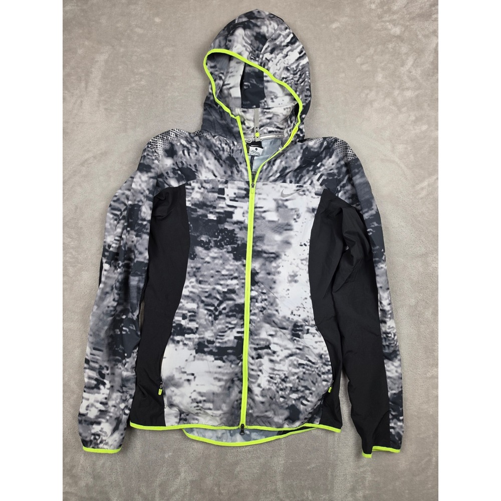 Nike Trail Kiger Run Hooded Windbreaker Jacket Womens S Black Gray Camo *Stained